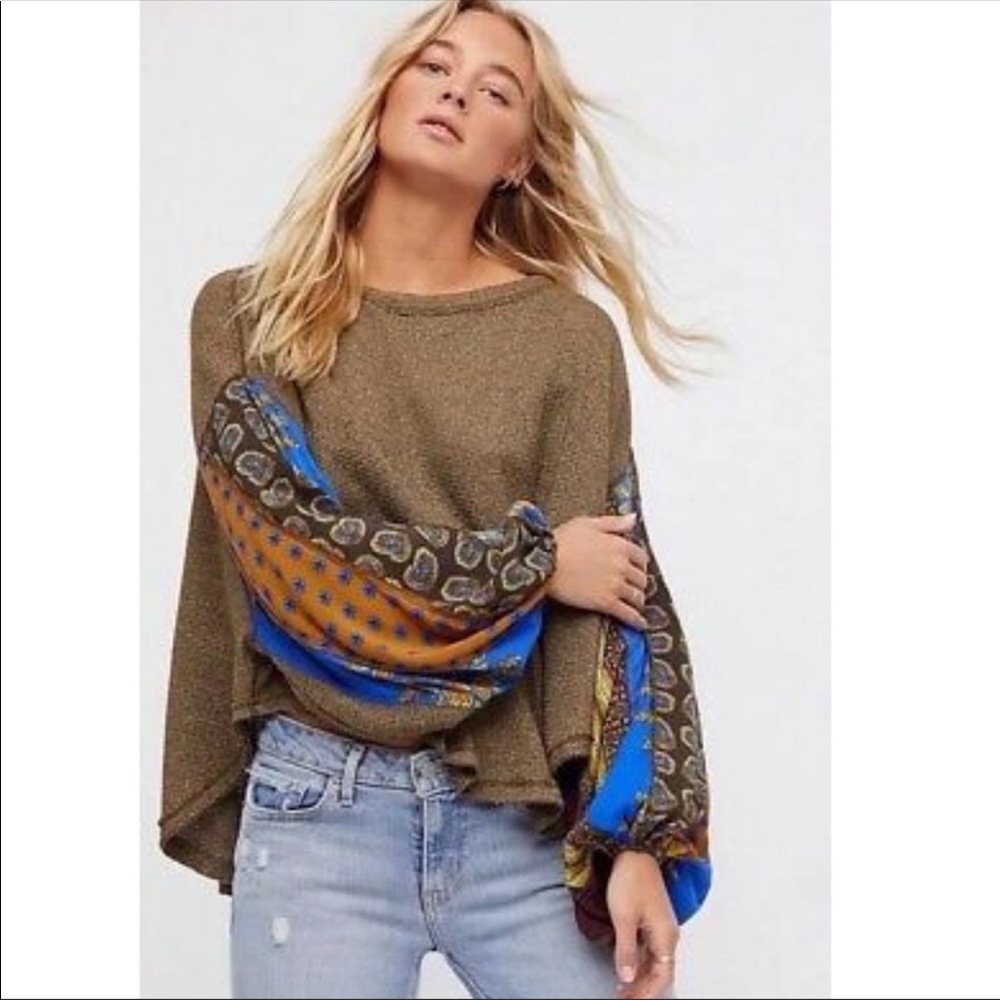 Free People Olive Knit Top with Patterned Blue and Mustard Balloon Sleeves